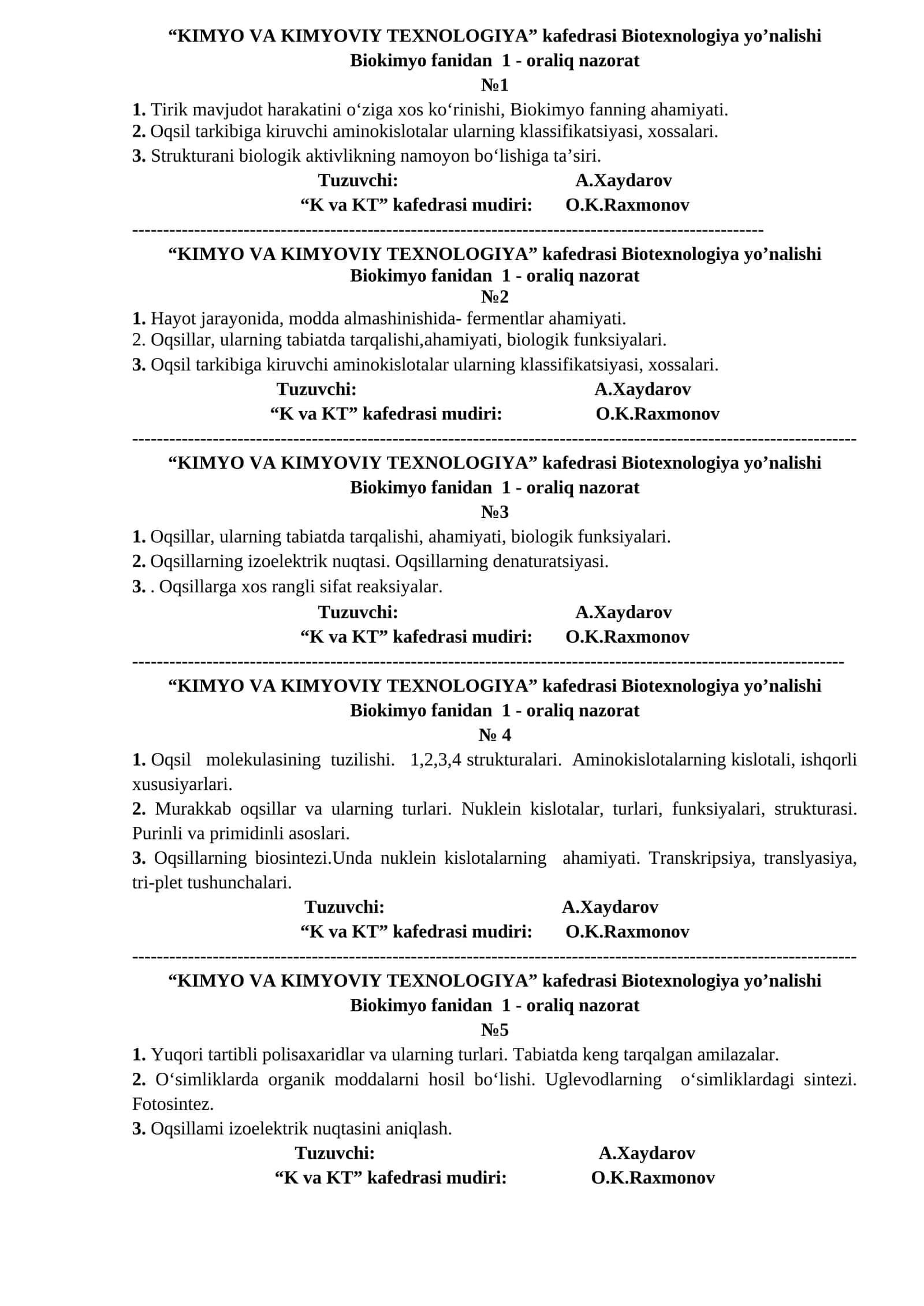 Biotexnologiya yo’nalishi Biokimyo fanidan - 1-oraliq nazorat