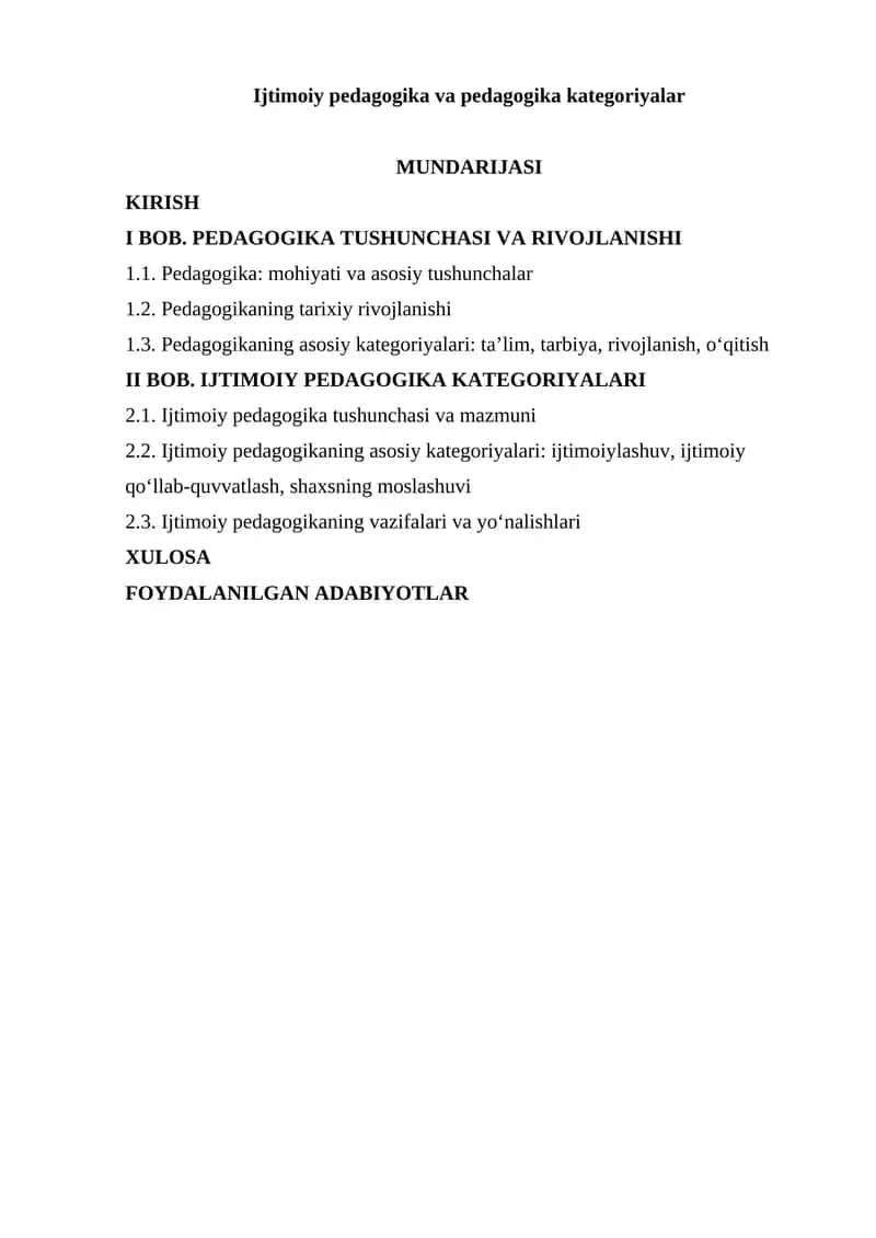 Ijtimoiy pedagogika va pedagogika kategoriyalar