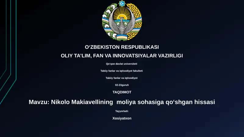 Nikolo Makiavellining moliya sohasiga qoʻshgan hissasi