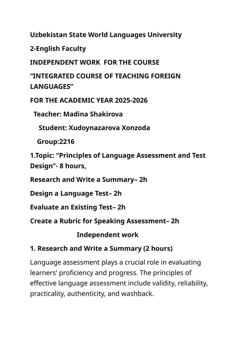 Principles of Language Assessment and Test Design