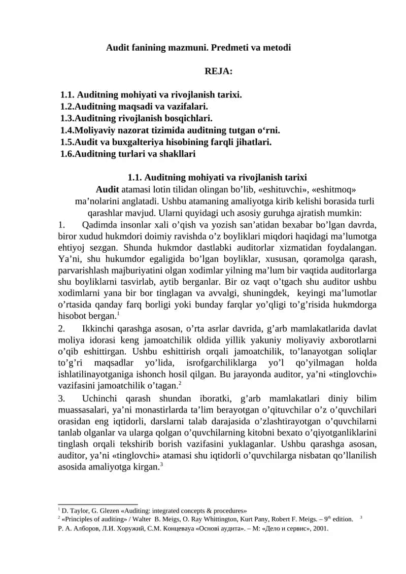 Audit fanining mazmuni. Predmeti va metodi
