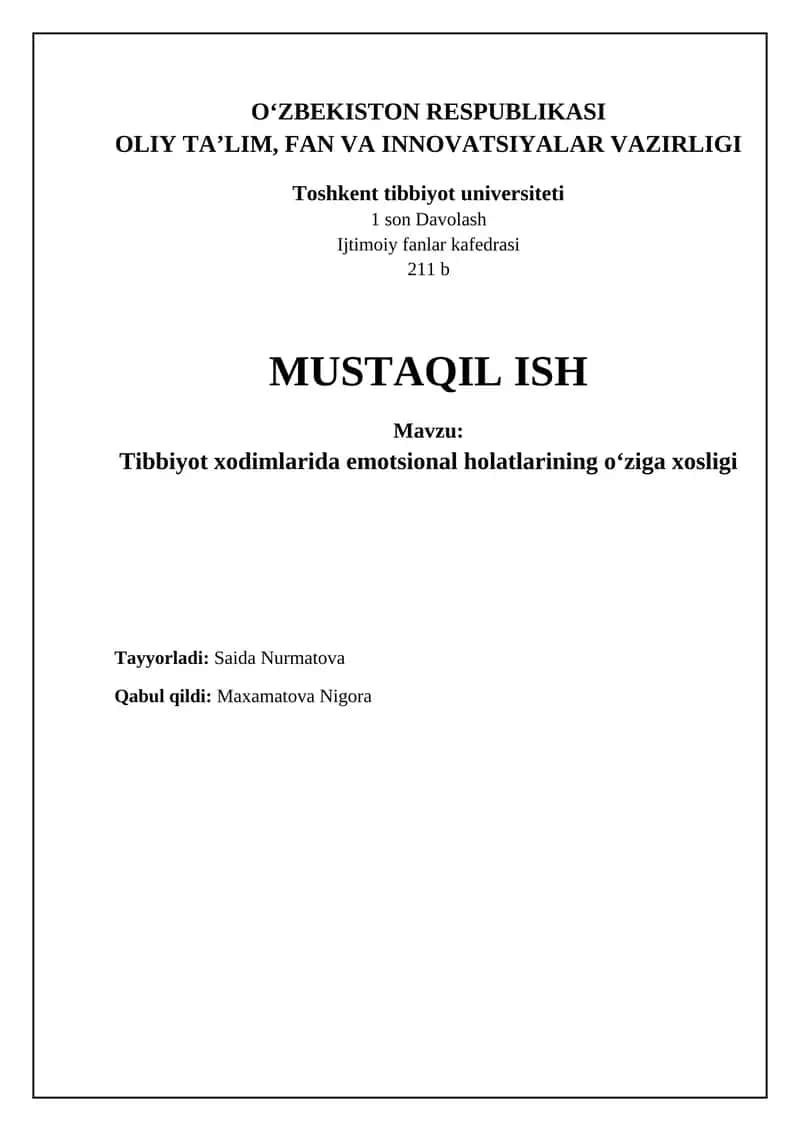Tibbiyot xodimlarida emotsional holatlarining oʻziga xosligi