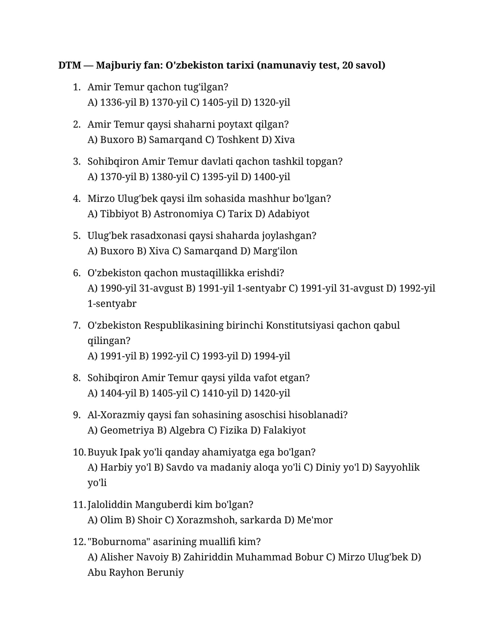 O'zbekiston Tarixi (namunaviy test, 20 savol)