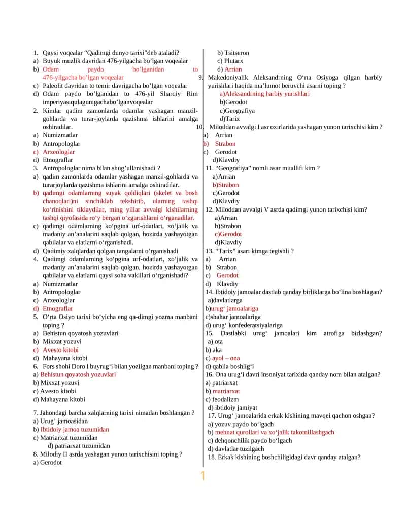 6-SINF TARIX MAVZULASHTIRILGAN TESTLAR 1-5-MAVZULAR