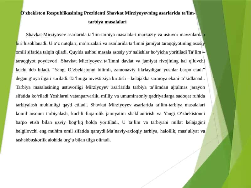 O'zbekiston Respublikasining Prezidenti Shavkat Mirziyoyevning asarlarida ta'lim-tarbiya masalalari