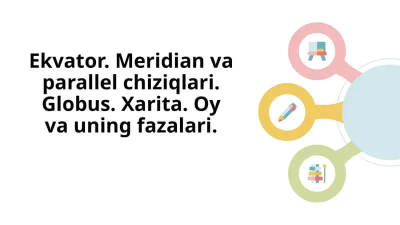 Ekvator. Meridian va parallel chiziqlari. Globus. Xarita. Oy va uning fazalari.