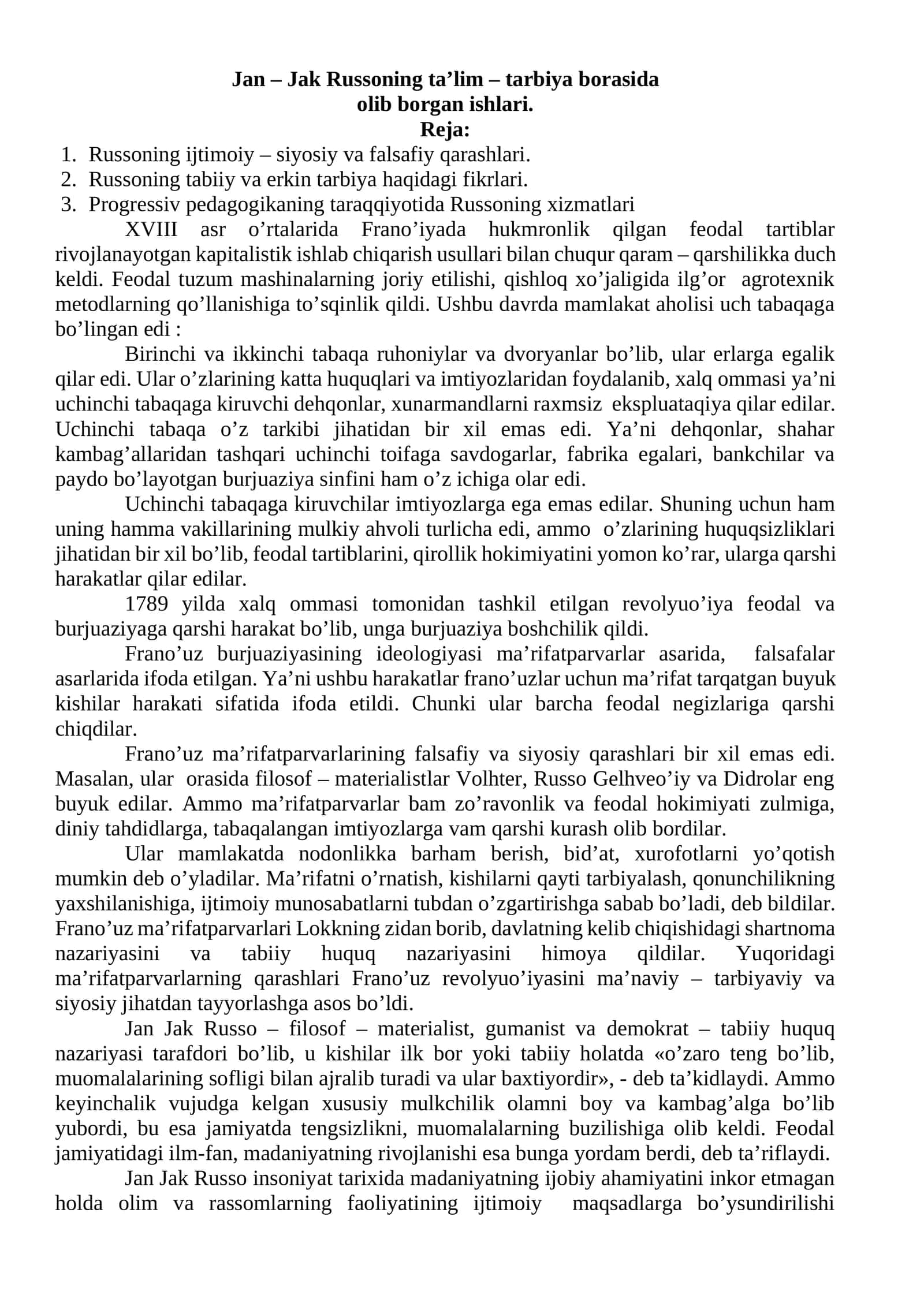 Jan – Jak Russoning ta’lim – tarbiya borasida olib borgan ishlari
