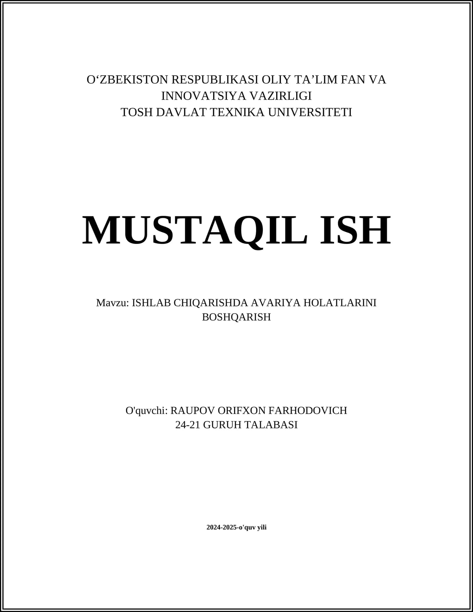 ISHLAB CHIQARISHDA AVARIYA HOLATLARINI BOSHQARISH