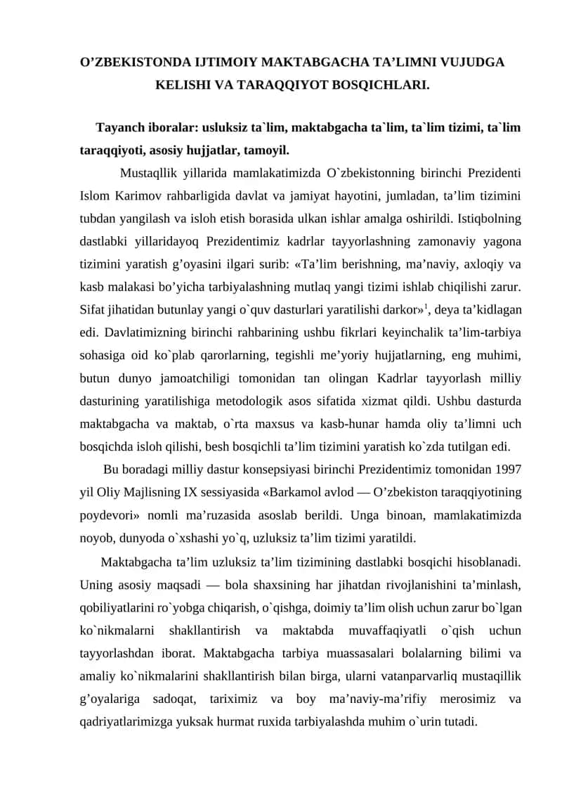 O’ZBEKISTONDA IJTIMOIY MAKTABGACHA TA’LIMNI VUJUDGA KELISHI VA TARAQQIYOT BOSQICHLARI