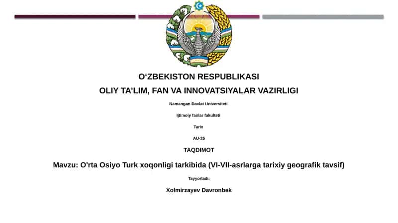 O'rta Osiyo Turk xoqonligi tarkibida (VI-VII-asrlarga tarixiy geografik tavsif)