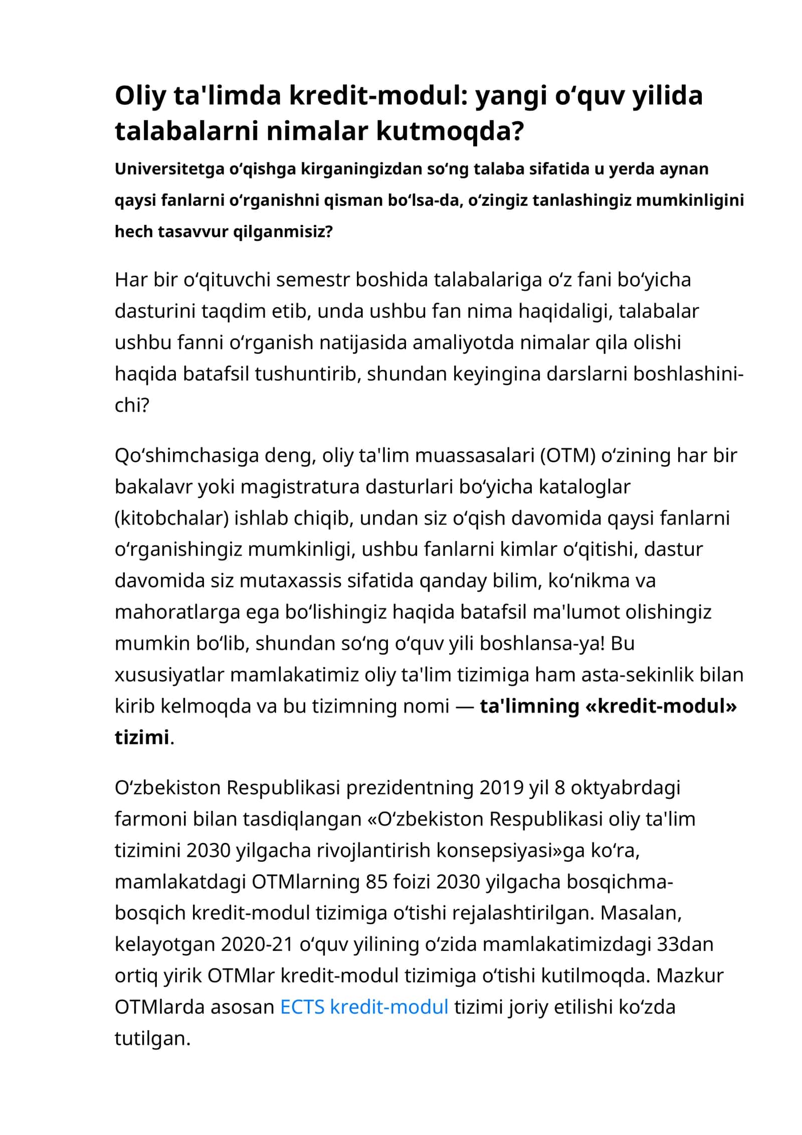 Oliy ta'limda kredit-modul: yangi o‘quv yilida talabalarni nimalar kutmoqda?