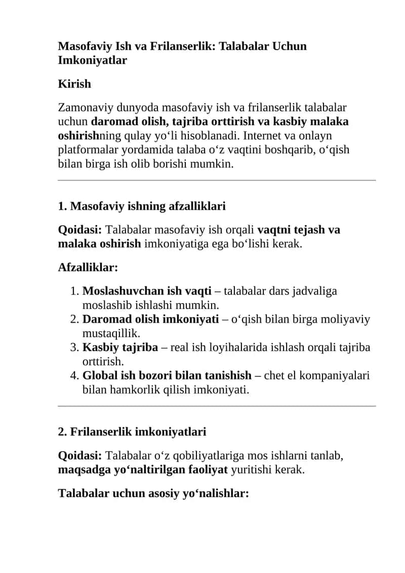 Masofaviy Ish va Frilanserlik: Talabalar Uchun Imkoniyatlar