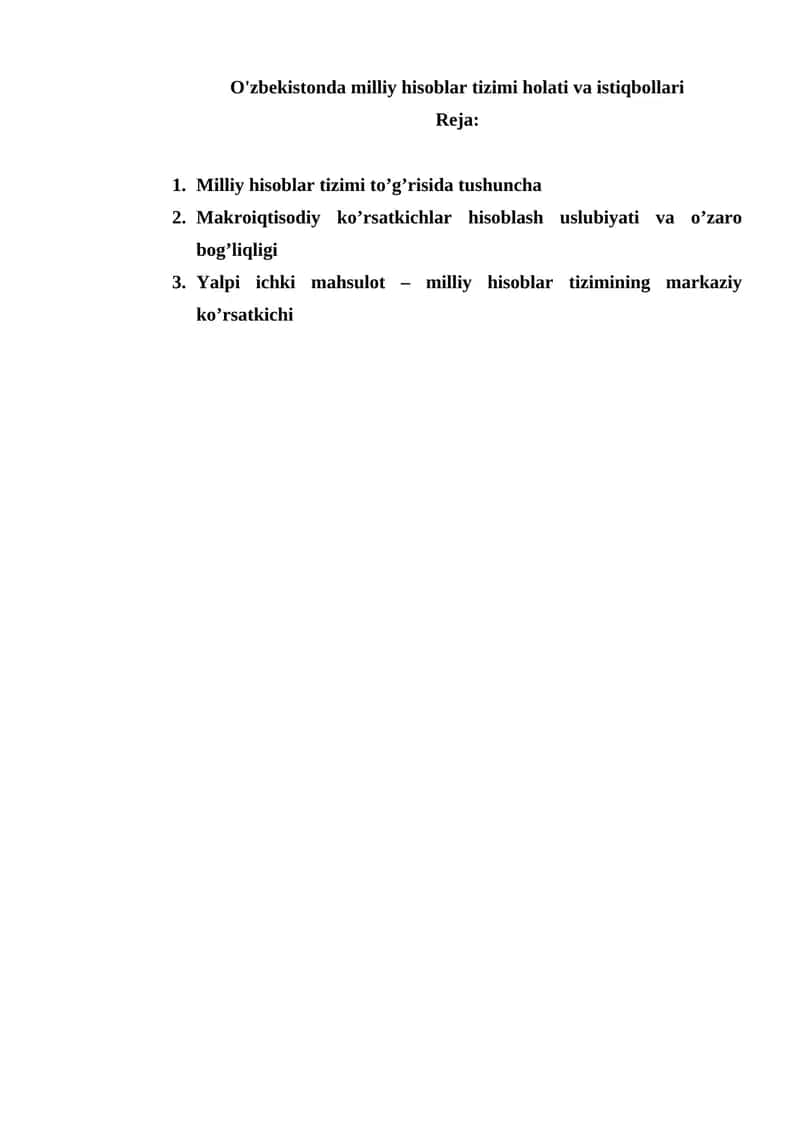 O'zbekistonda milliy hisoblar tizimi holati va istiqbollari