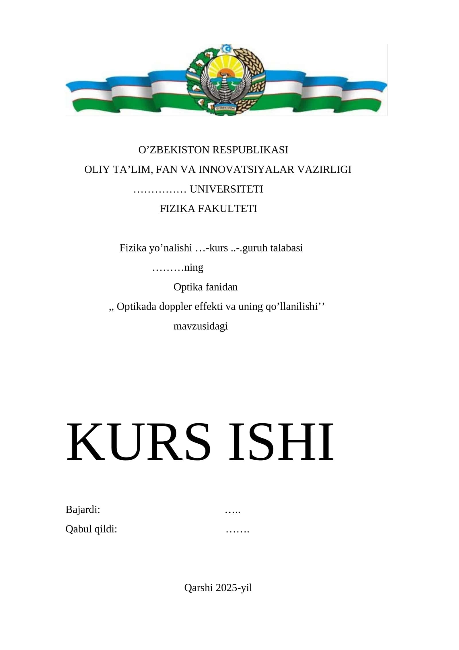 Optikada doppler effekti va uning qo’llanilishi mavzusida tayyor kurs ishi