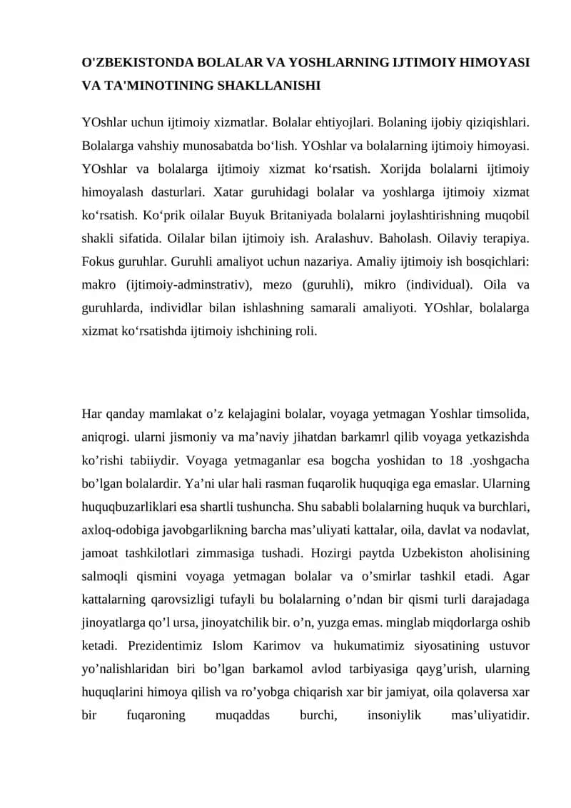 YOshlar va Bolalar Ijtimoiy Himoyasi