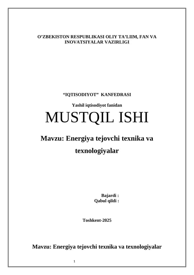 Energiya tejovchi texnika va texnologiyalar