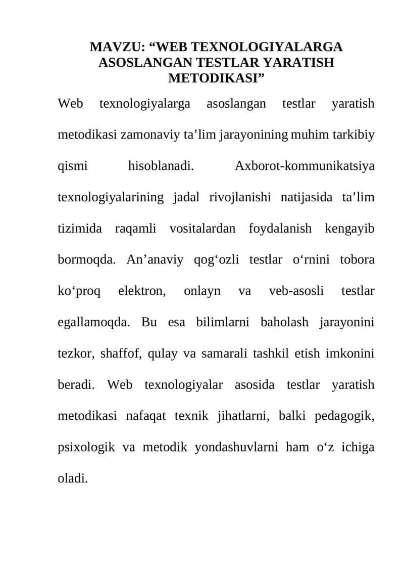 WEB TEXNOLOGIYALARGA ASOSLANGAN TESTLAR YARATISH METODIKASI