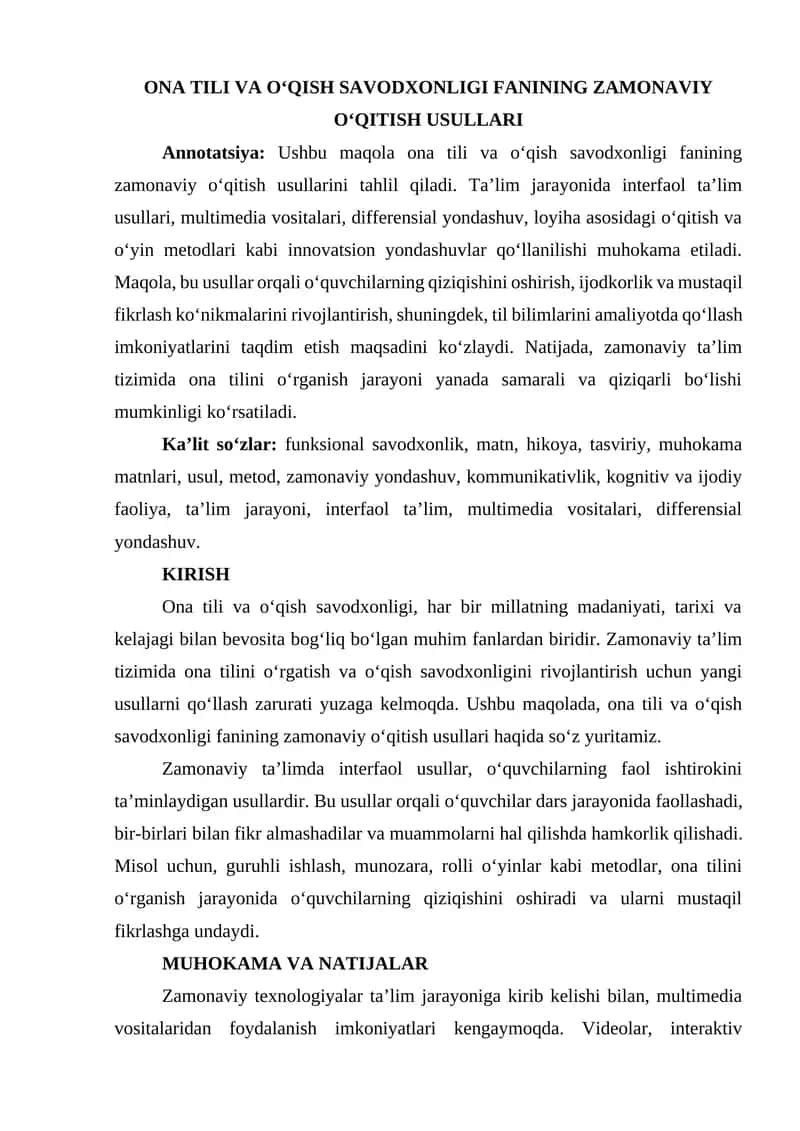 ONA TILI VA O‘QISH SAVODXONLIGI FANINING ZAMONAVIY O‘QITISH USULLARI