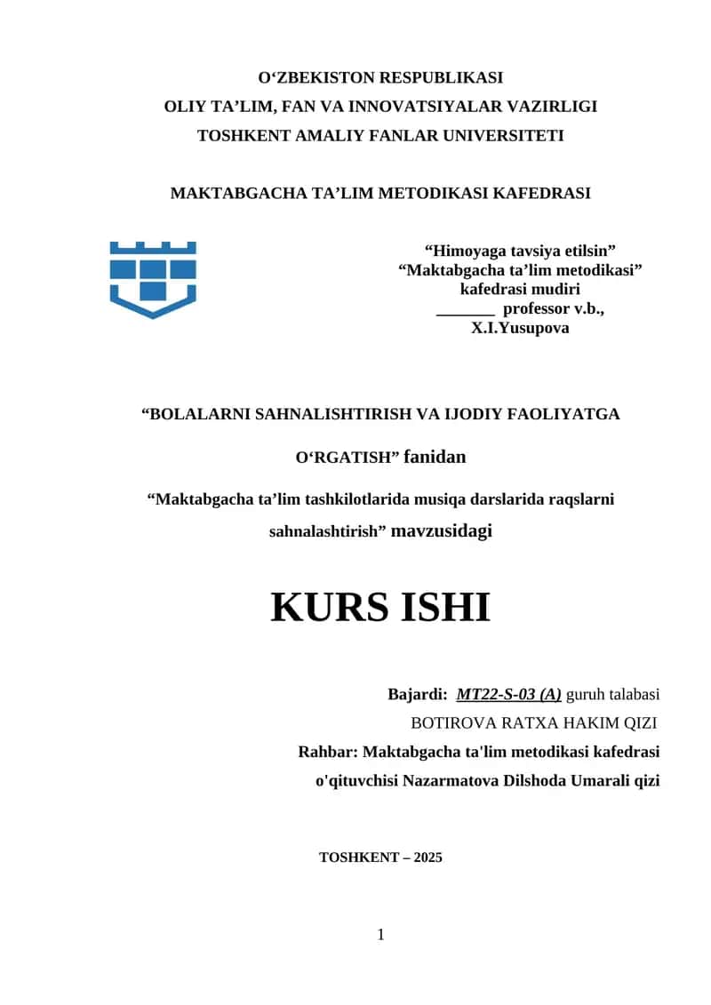 Maktabgacha ta’lim tashkilotlarida musiqa darslarida raqslarni sahnalashtirish