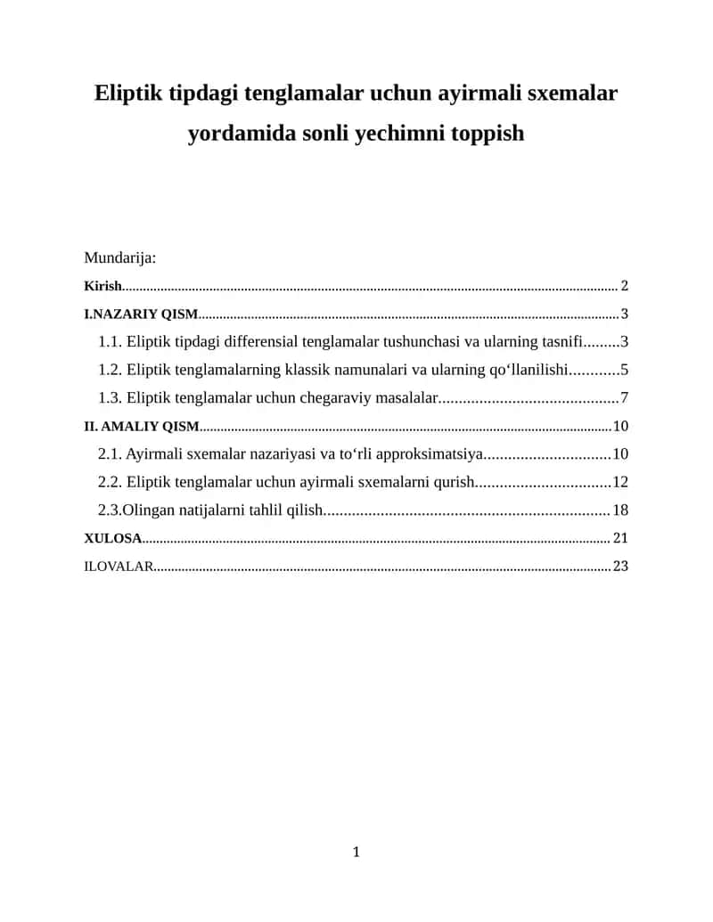 Eliptik tipdagi tenglamalar uchun ayirmali sxemalar yordamida sonli yechimni toppish