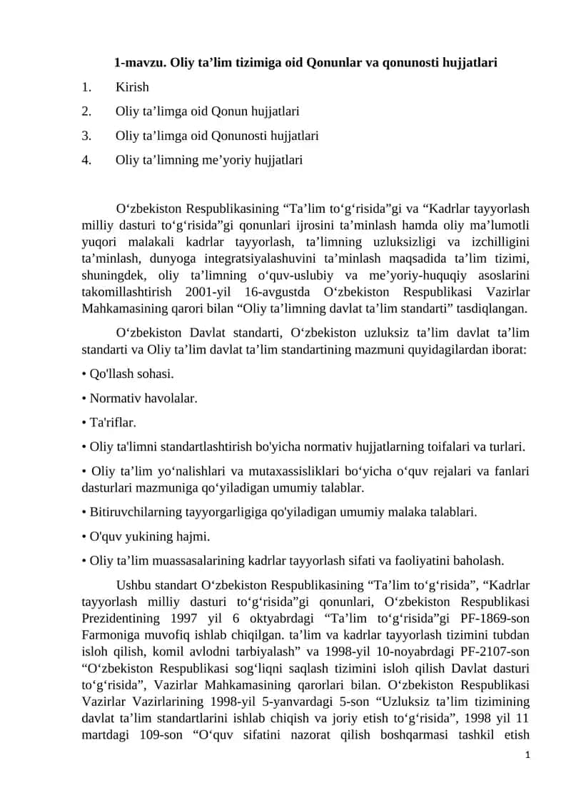 Oliy ta’lim tizimiga oid Qonunlar va qonunosti hujjatlari