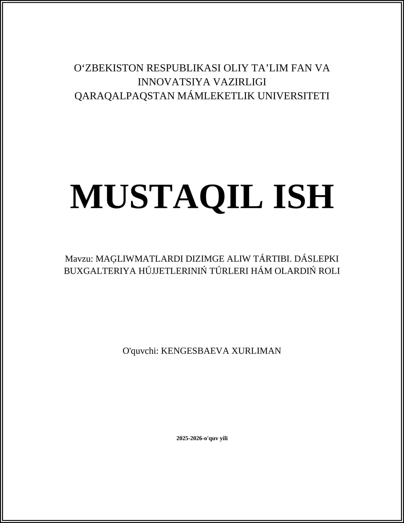 MAĢLIWMATLARDI DIZIMGE ALIW TÁRTIBI