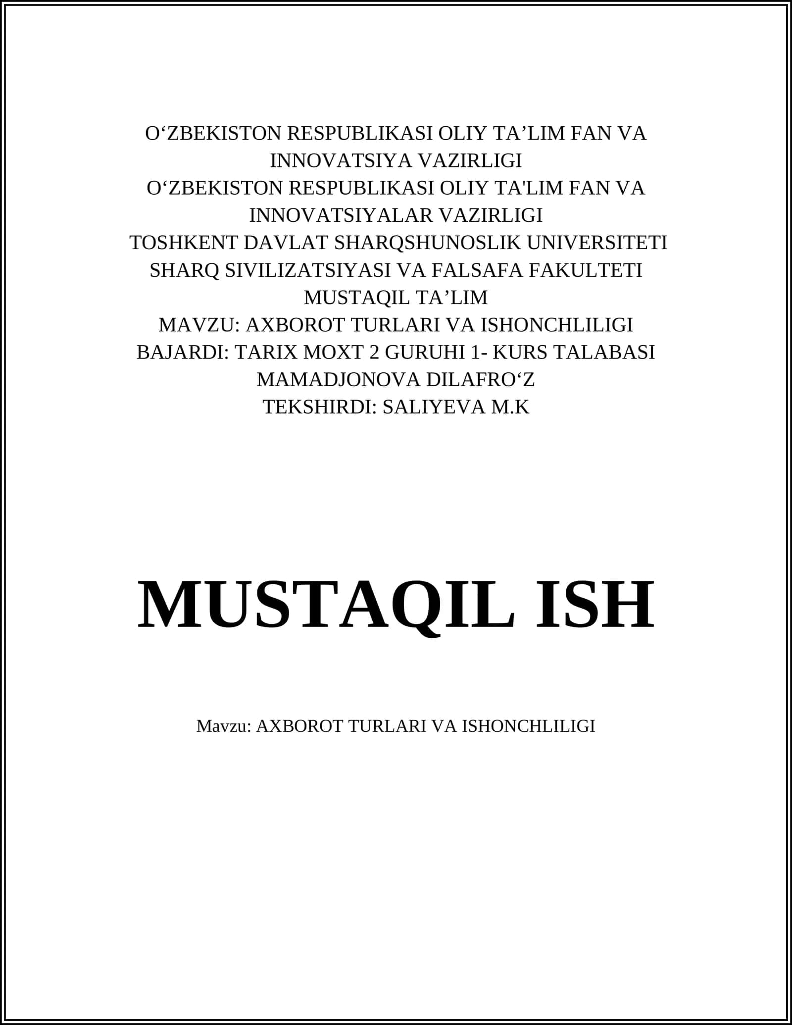 AXBOROT TURLARI VA ISHONCHLILIGI