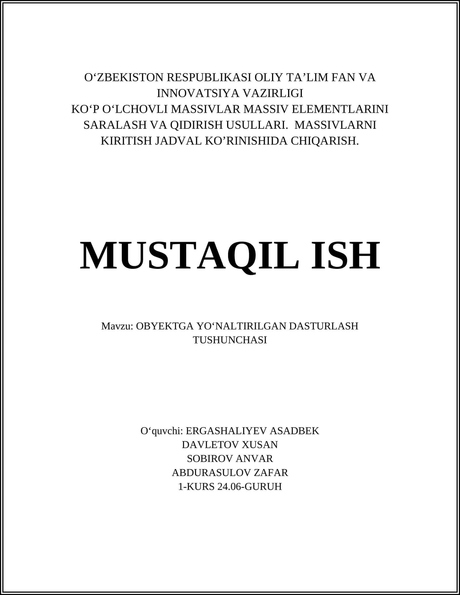 OBYEKTGA YOʻNALTIRILGAN DASTURLASH TUSHUNCHASI