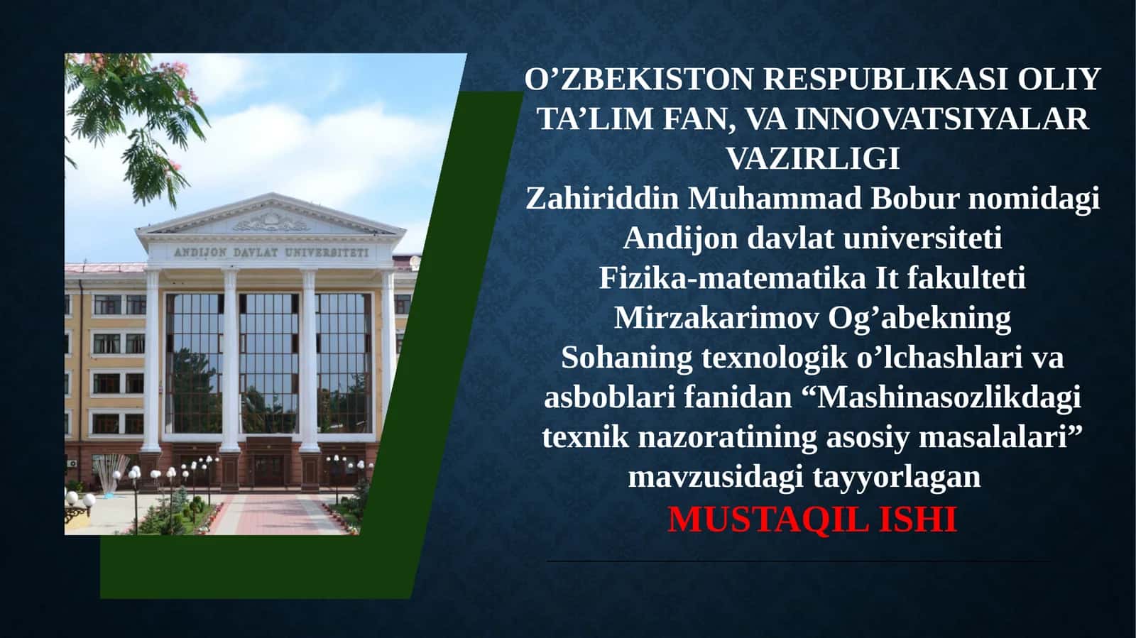 Mashinasozlikdagi texnik nazoratining asosiy masalalari