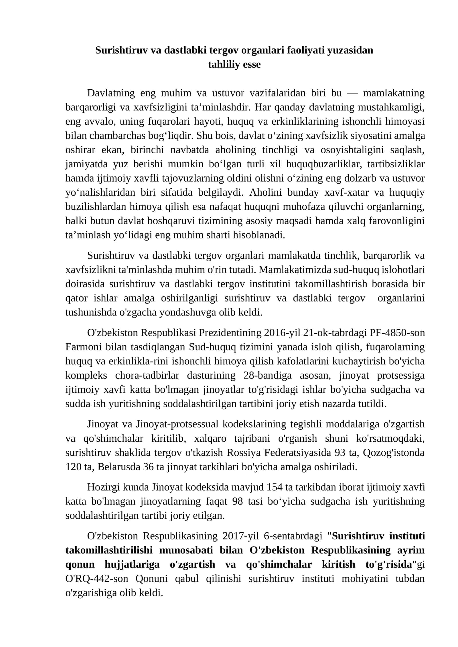Surishtiruv va dastlabki tergov organlari faoliyati yuzasidan tahliliy esse