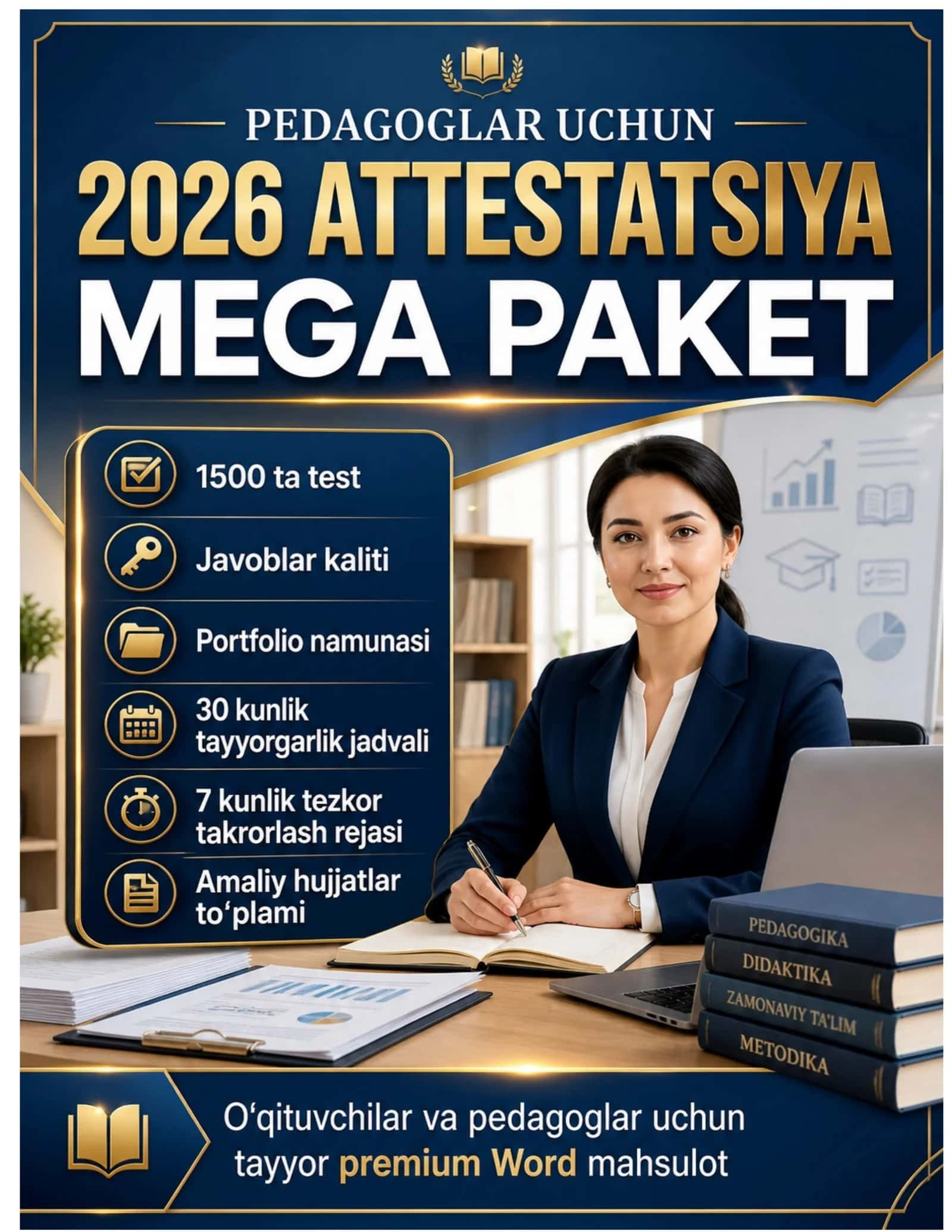 o‘qituvchilar, tarbiyachilar, sinf rahbarlari, akademik litsey, kasb-hunar maktabi va boshqa ta’lim muassasalarida ishlayotgan mutaxassislar uchun attestatsiyaga tizimli tayyorgarlik ko‘rishga yordam beradigan tayyor Word mahsulotdir