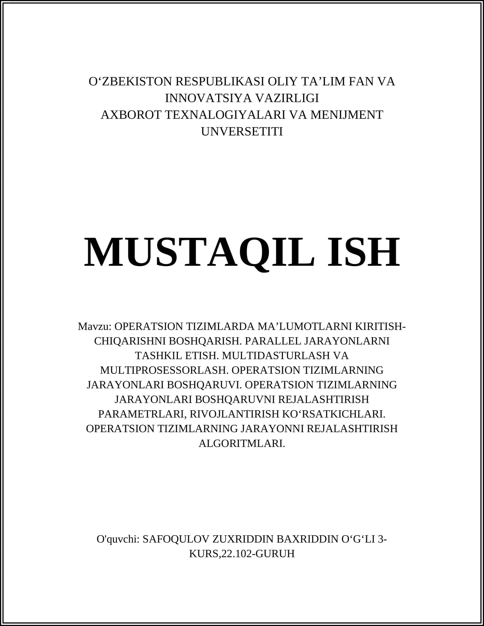 OPERATSION TIZIMLARDA MA’LUMOTLARNI KIRITISH-CHIQARISHNI BOSHQARISH