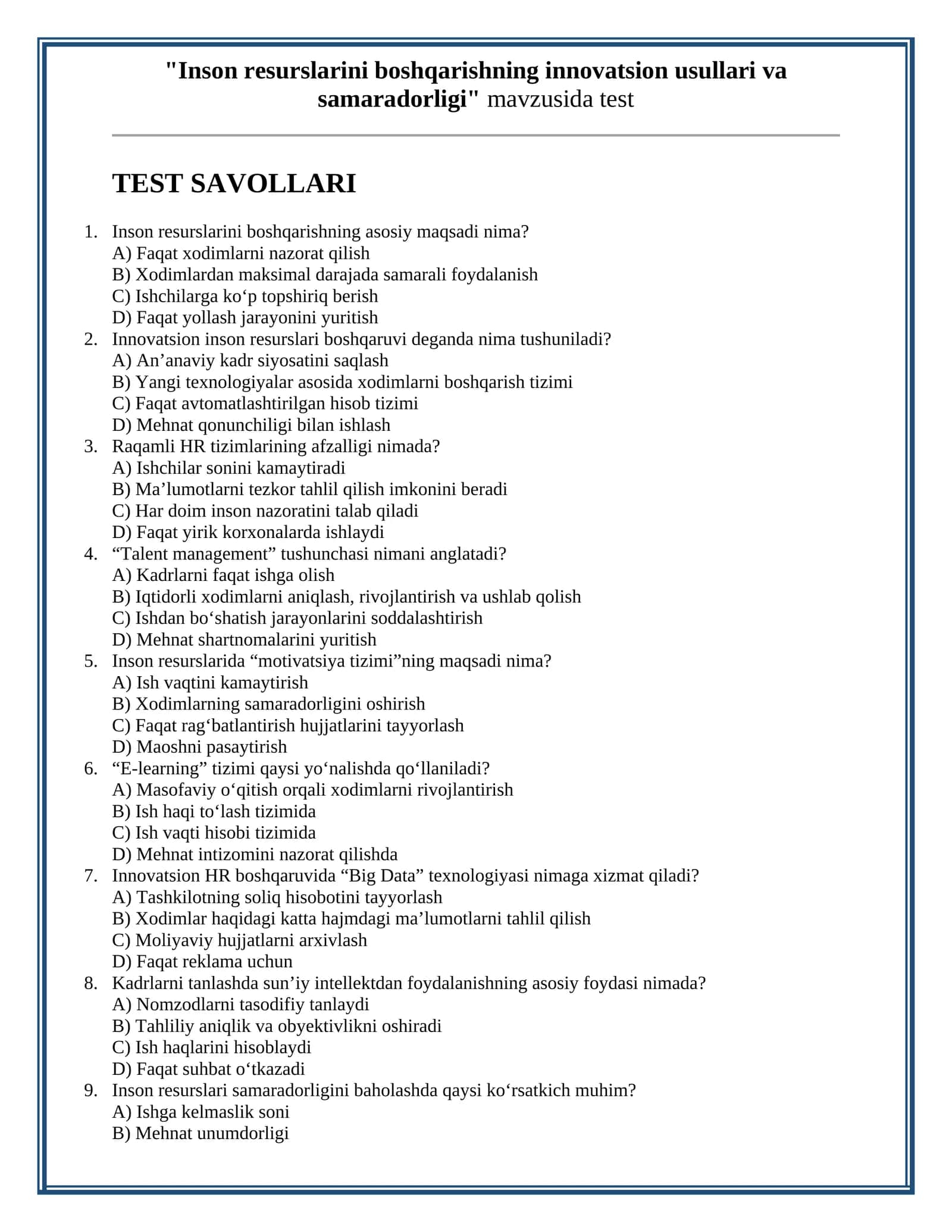 TEST Inson resurslarini boshqarishning innovatsion usullari va samaradorligi