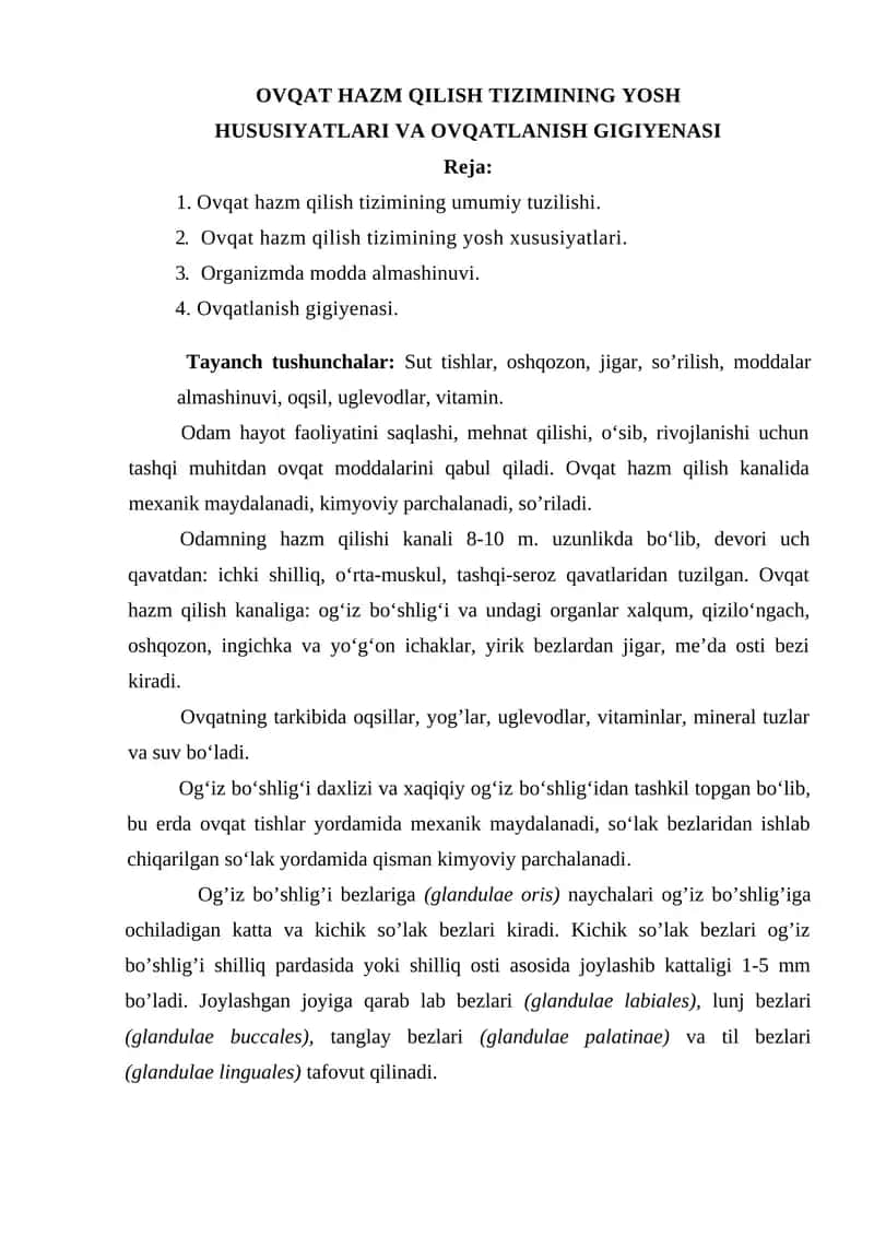 OVQAT HAZM QILISH TIZIMINING YOSH HUSUSIYATLARI VA OVQATLANISH GIGIYENASI