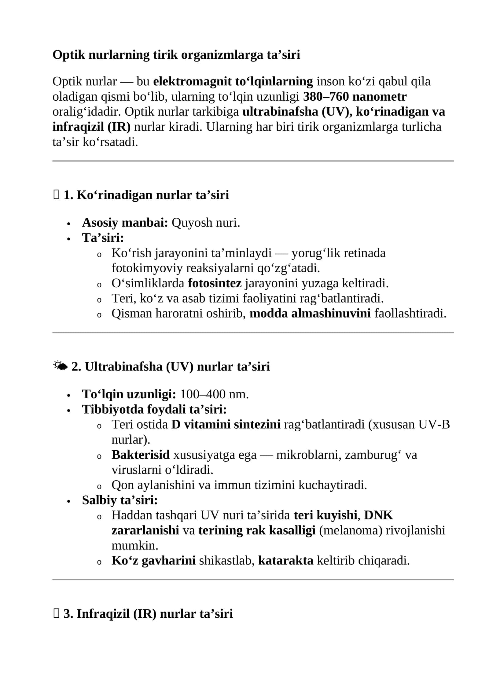 Optik nurlarning tirik organizmlarga ta’siri