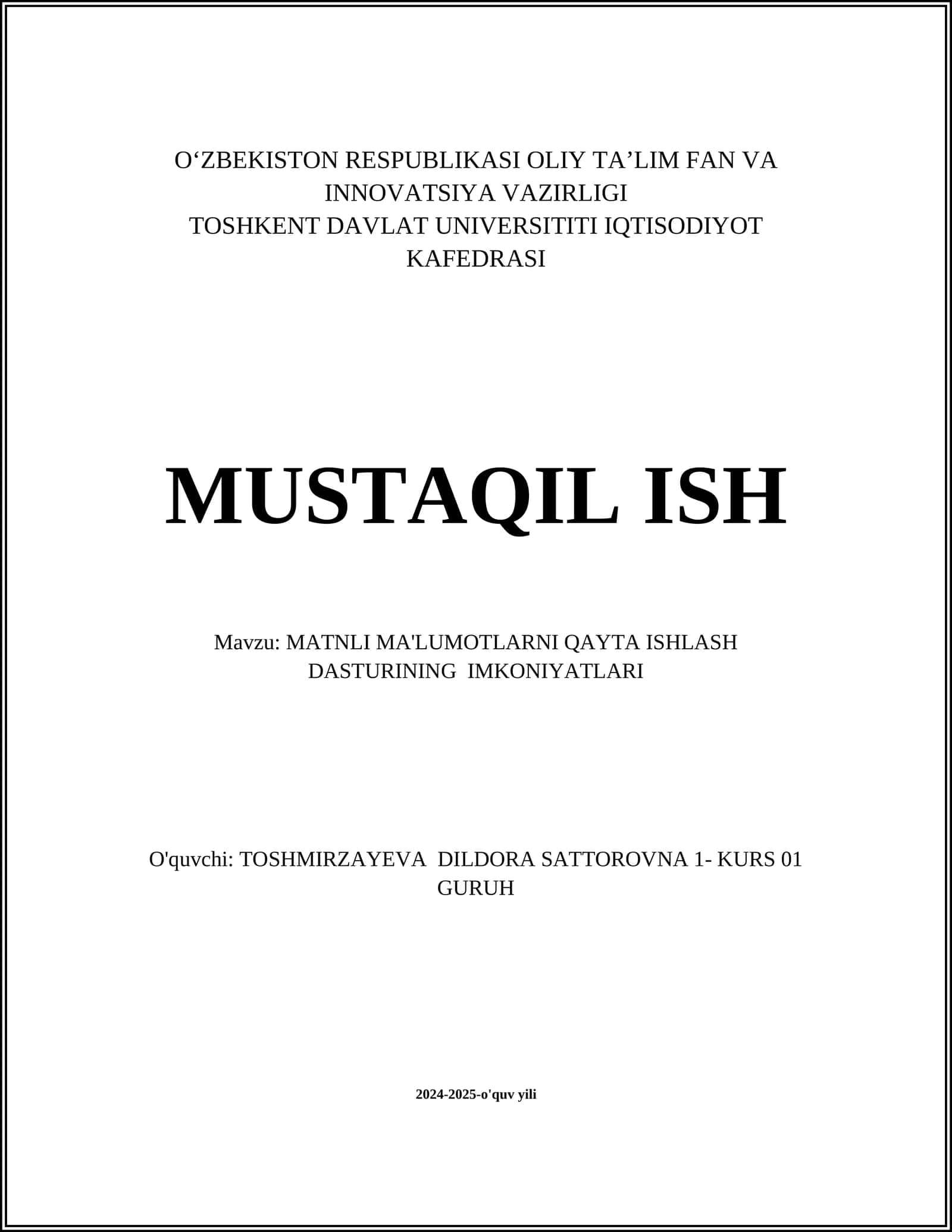 MATNLI MA'LUMOTLARNI QAYTA ISHLASH DASTURINING IMKONIYATLARI
