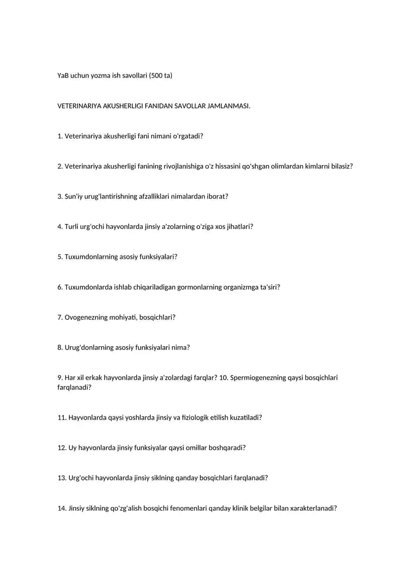 Veterinariya akusherligi fanidagi savollar