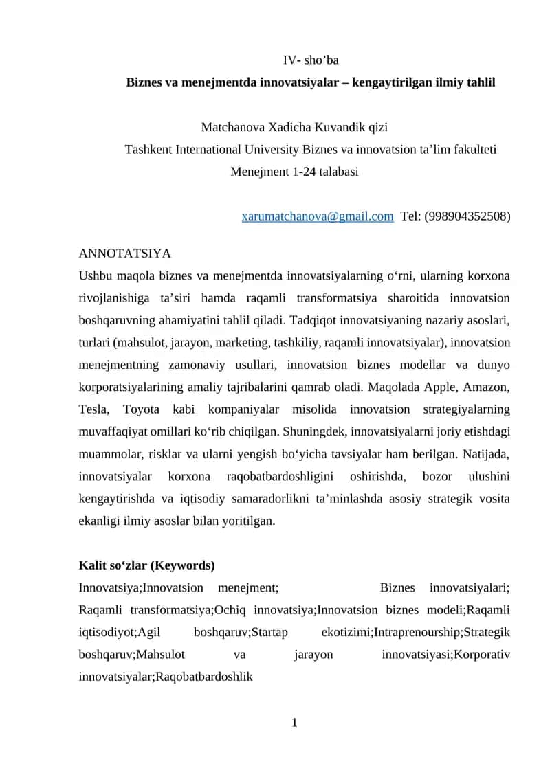 Biznes va menejmentda innovatsiyalar – kengaytirilgan ilmiy tahlil