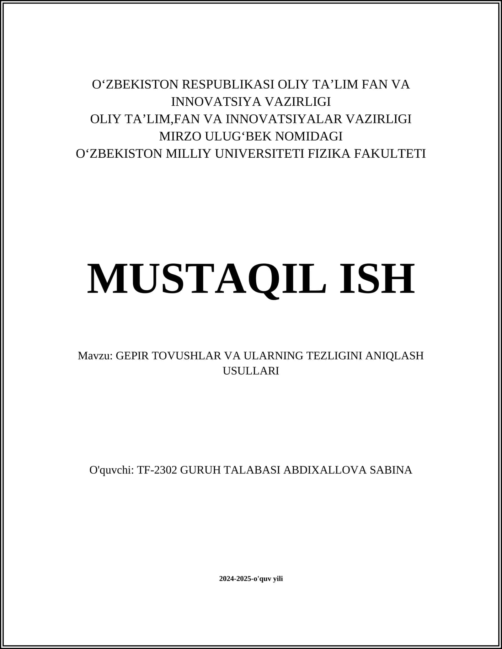 GEPIR TOVUSHLAR VA ULARNING TEZLIGINI ANIQLASH USULLARI