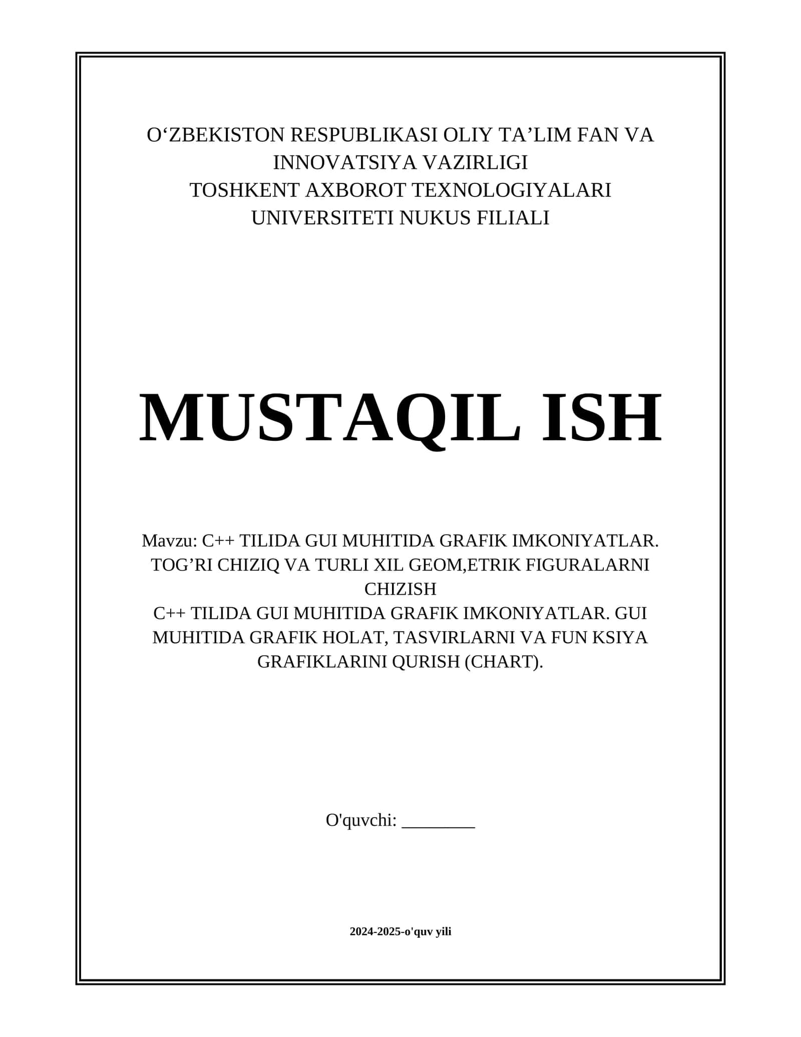 C++ TILIDA GUI MUHITIDA GRAFIK IMKONIYATLAR. TOG’RI CHIZIQ VA TURLI XIL GEOM,ETRIK FIGURALARNI CHIZISH C++ TILIDA GUI MUHITIDA GRAFIK IMKONIYATLAR. GUI MUHITIDA GRAFIK HOLAT, TASVIRLARNI VA FUN KSIYA GRAFIKLARINI QURISH (CHART).
