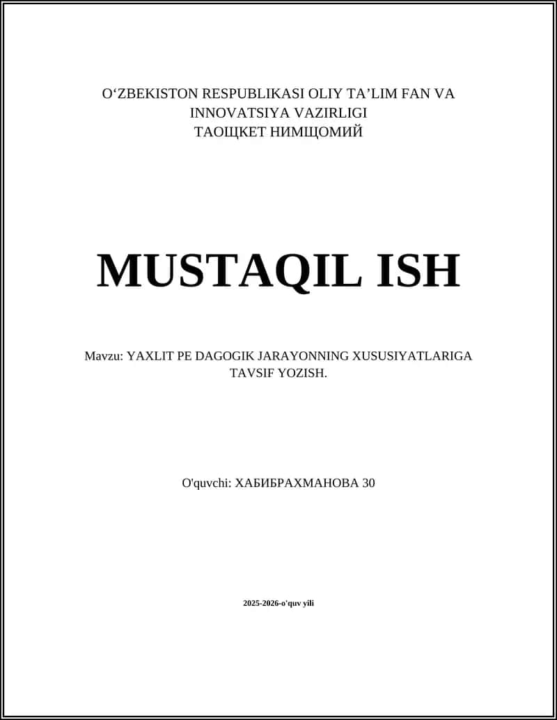 Yaxlit jismoniy tarbiya pedagogik jarayonining xususiyatlariga tavsiy yozish