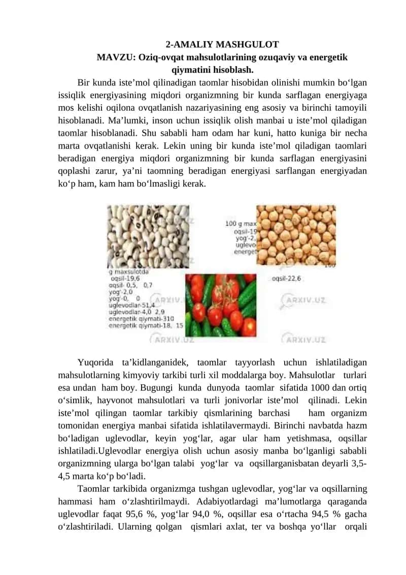 Oziq-ovqat mahsulotlarining ozuqaviy va energetik qiymatini hisoblash