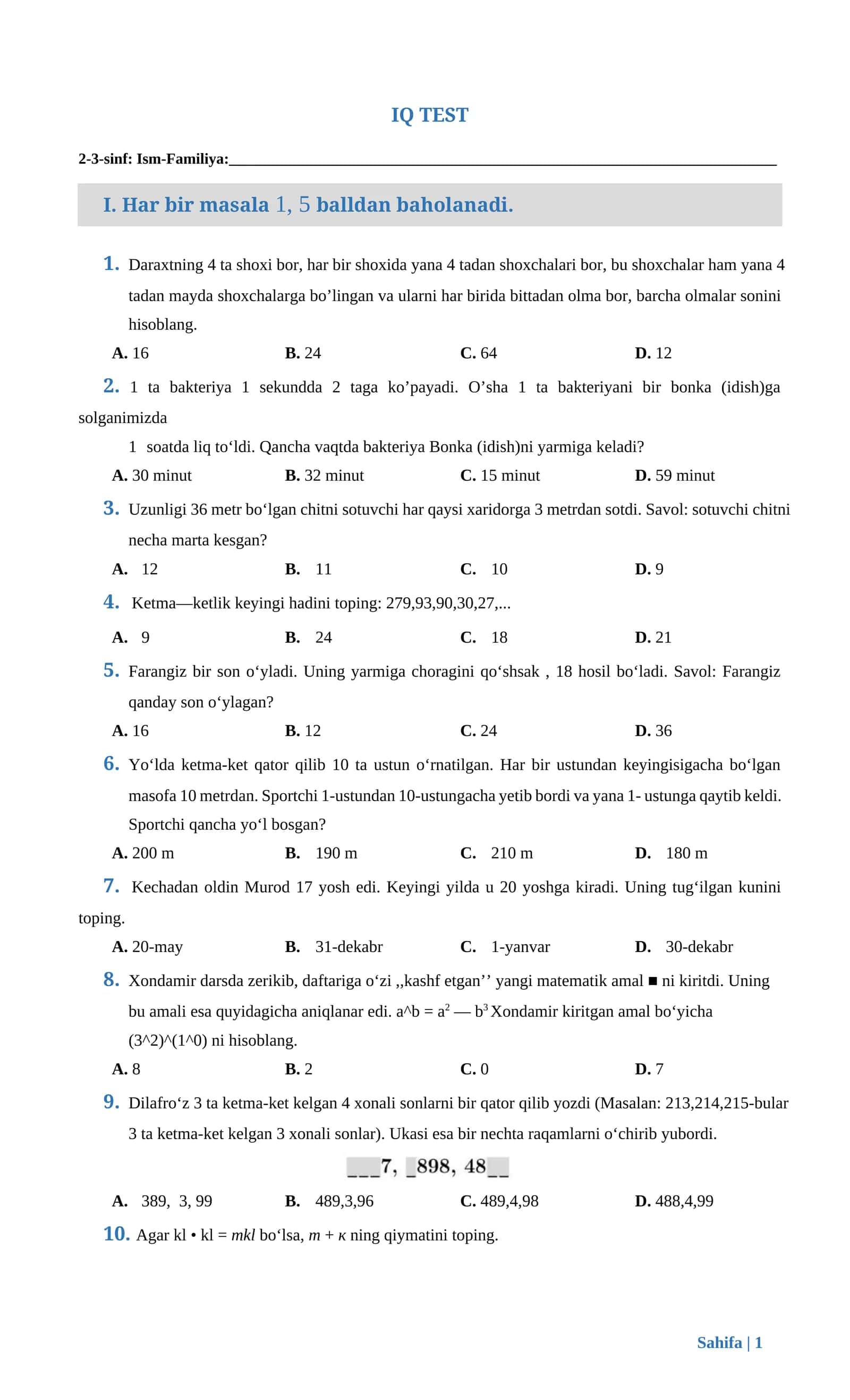 IQ-test (3-sinf)