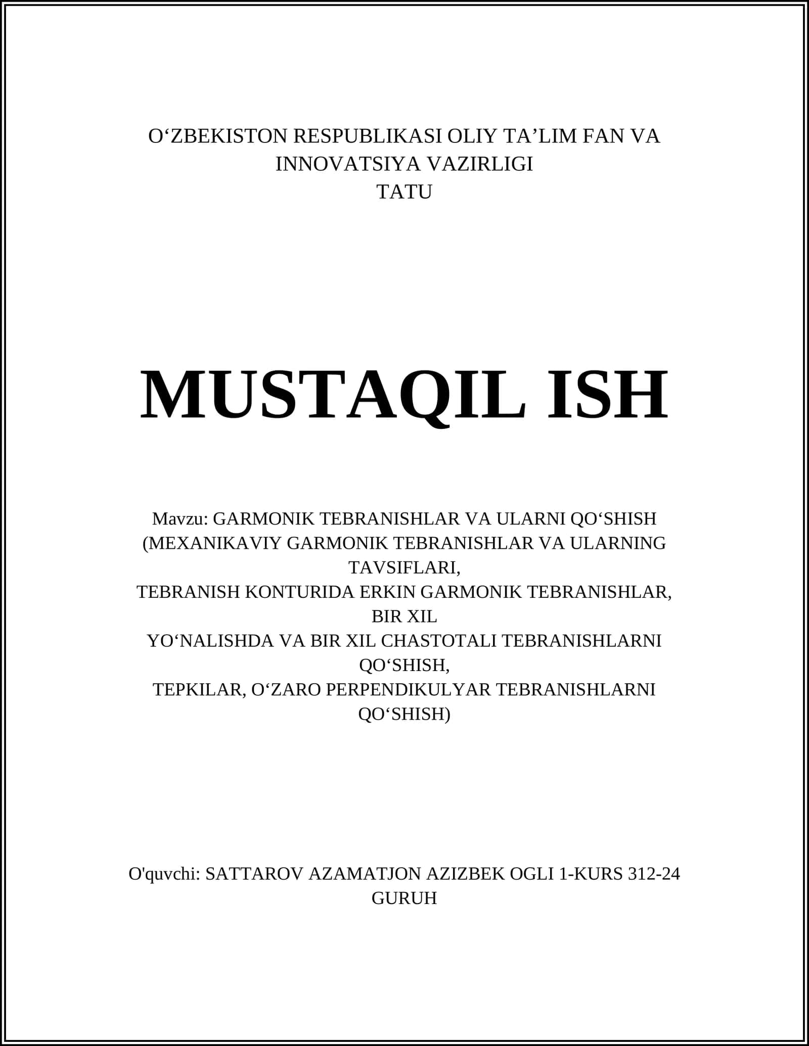 GARMONIK TEBRANISHLAR VA ULARNI QO‘SHISH