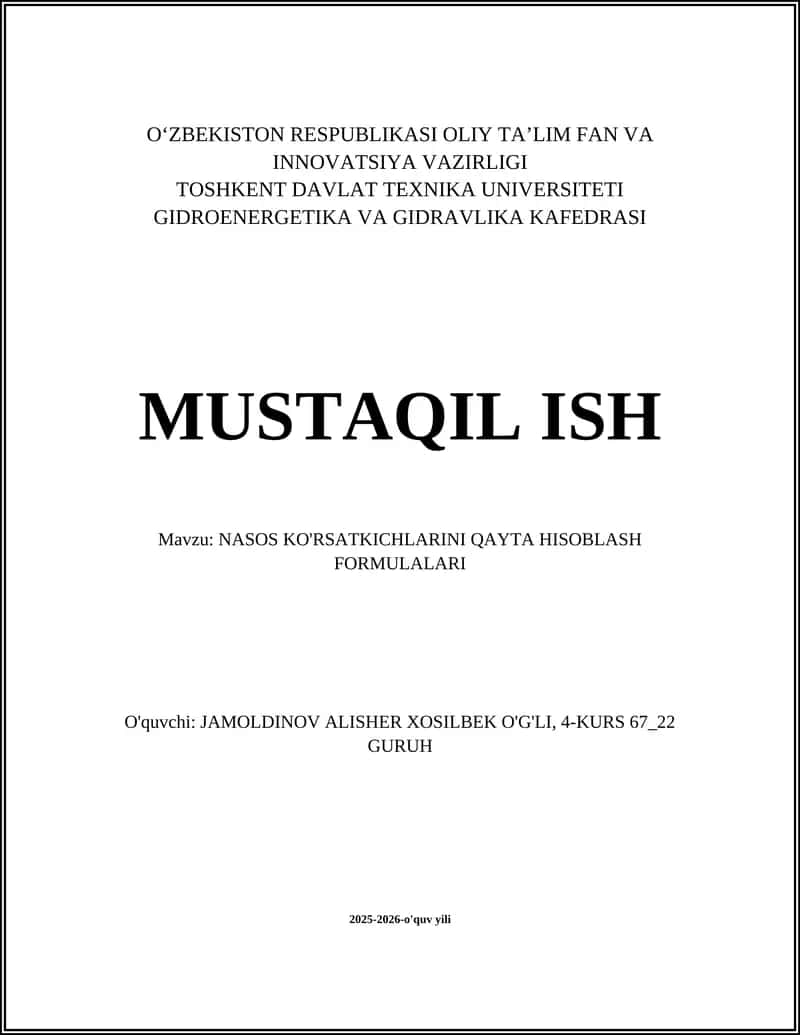 NASOS KO'RSATKICHLARINI QAYTA HISOBLASH FORMULALARI