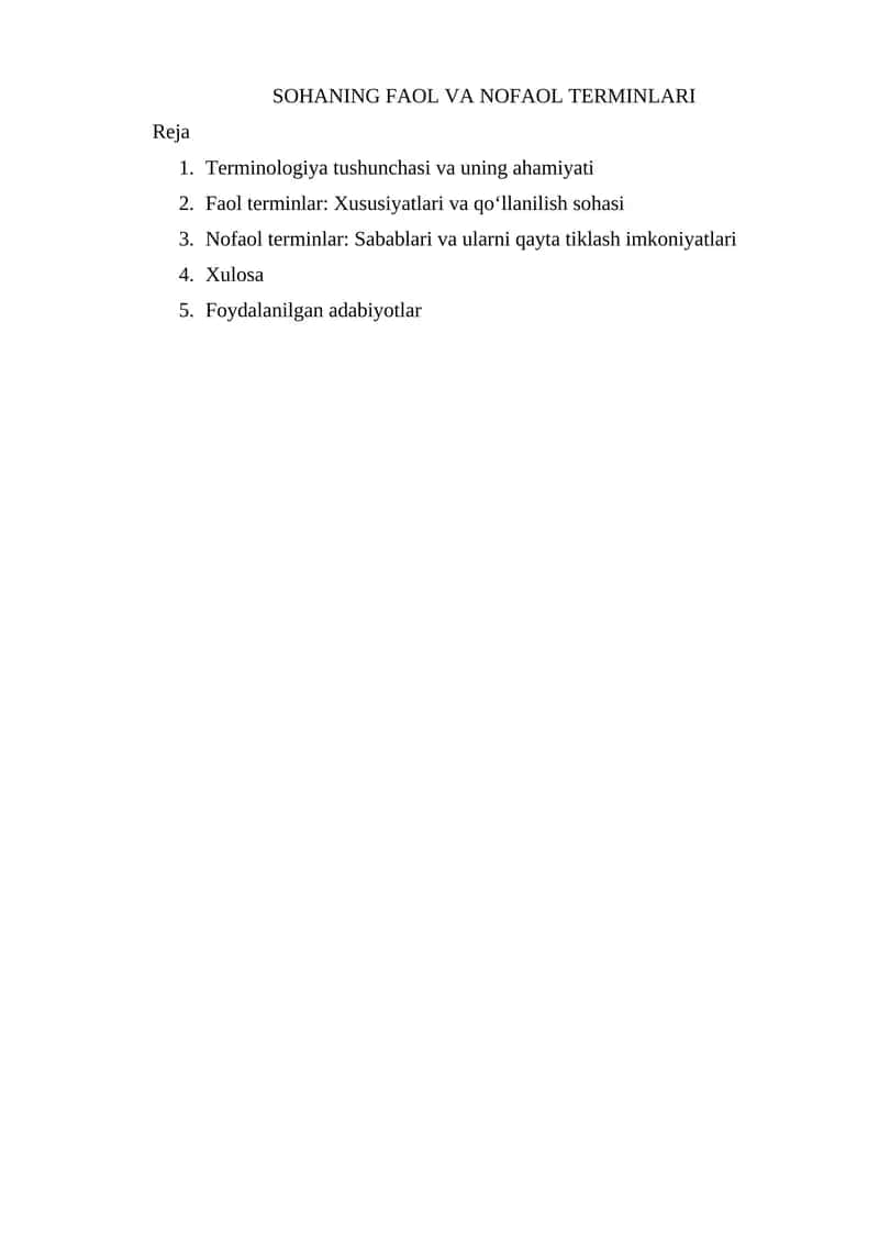 SOHANING FAOL VA NOFAOL TERMINLARI