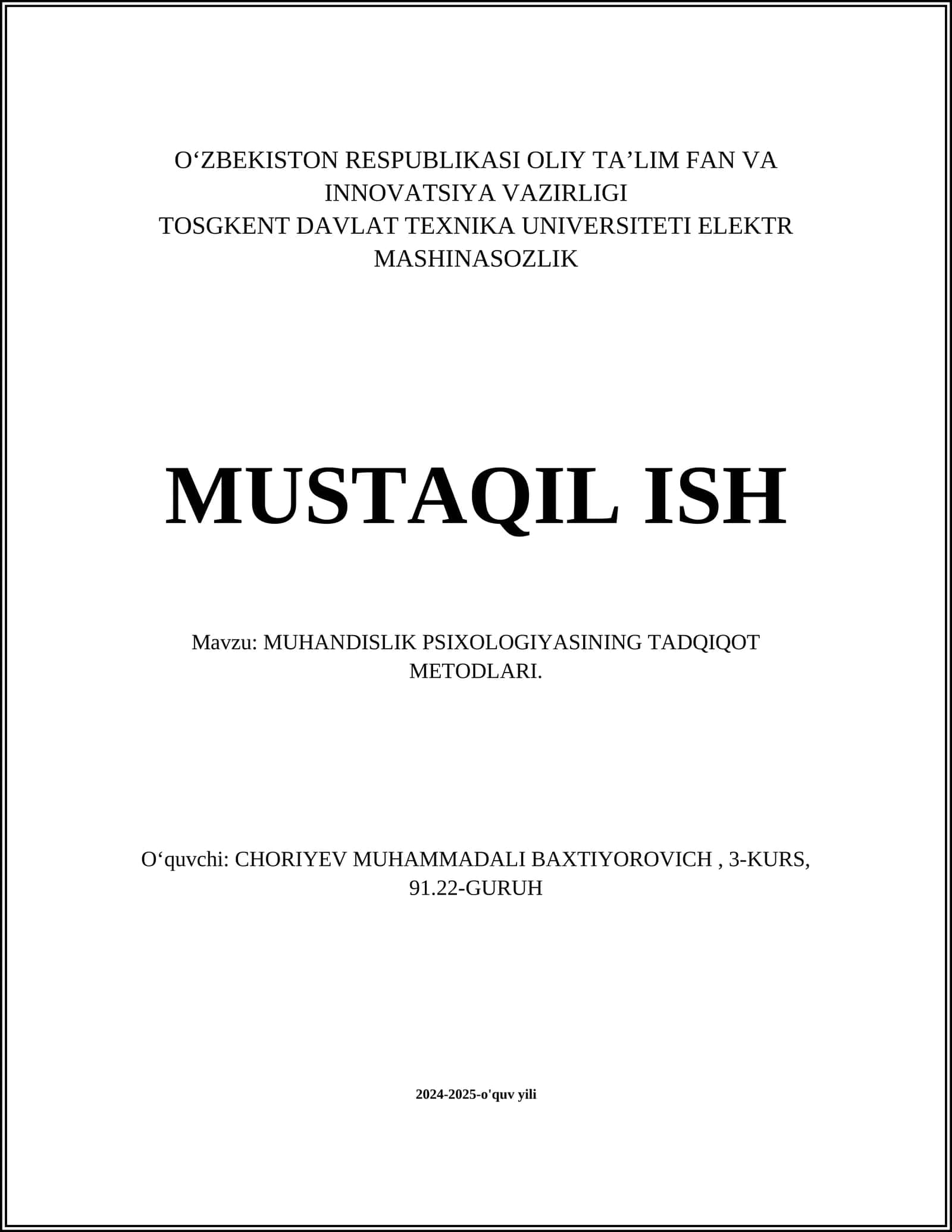 MUHANDISLIK PSIXOLOGIYASINING TADQIQOT METODLARI