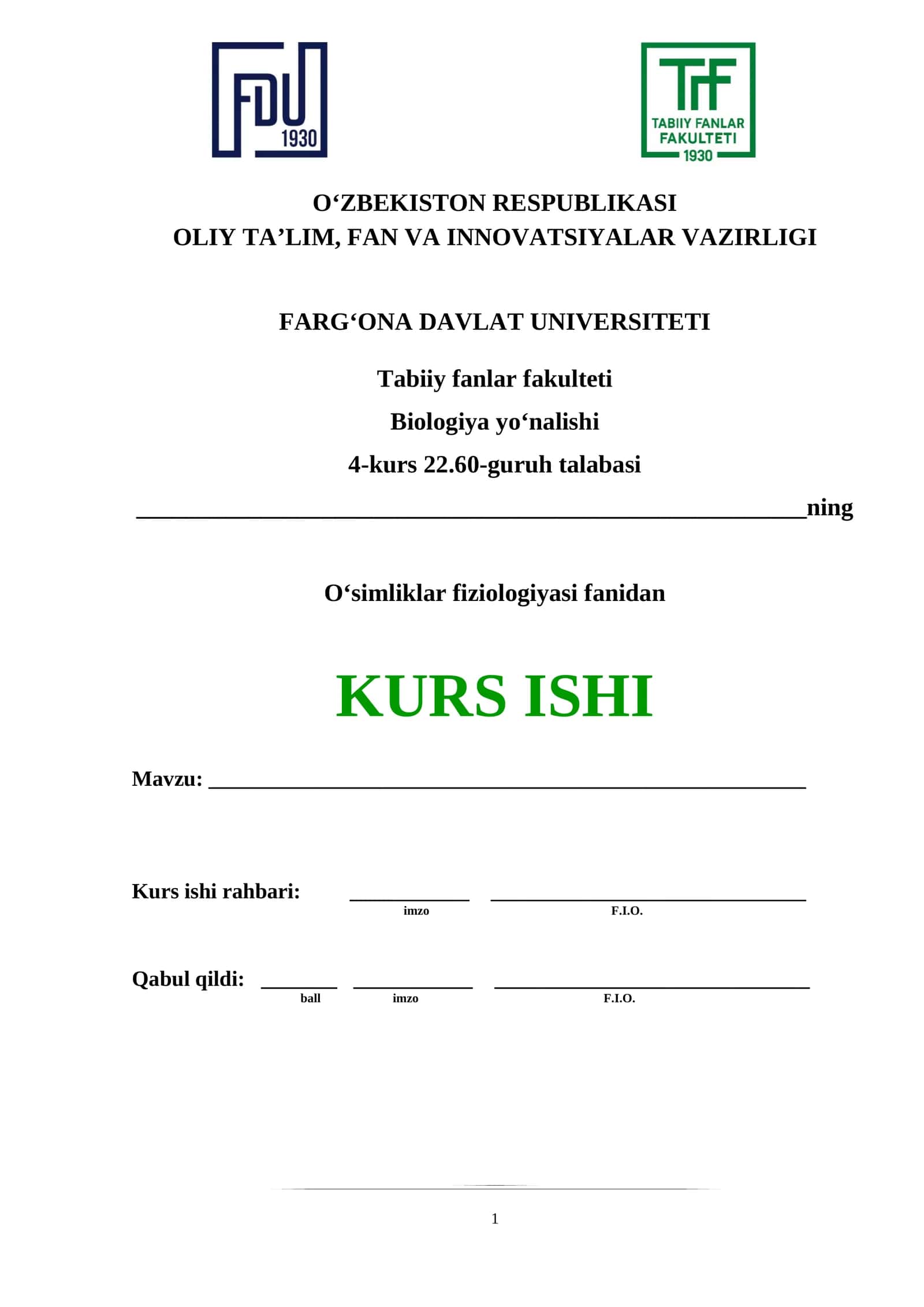 O‘simliklar fiziologiyasi KURS ISHI
