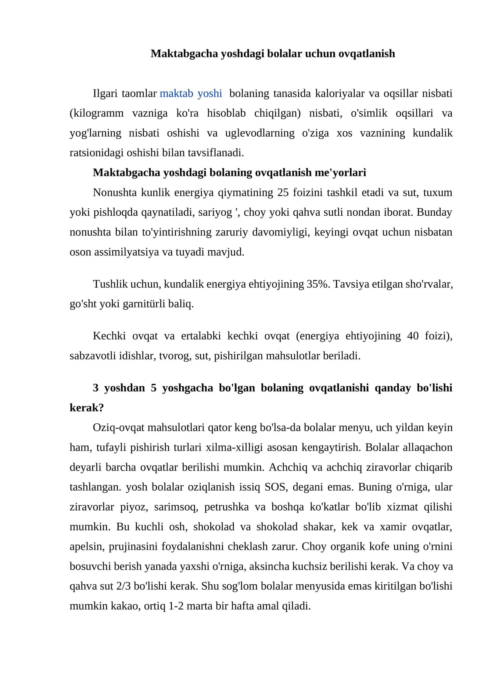 Maktabgacha yoshdagi bolalar uchun ovqatlanish