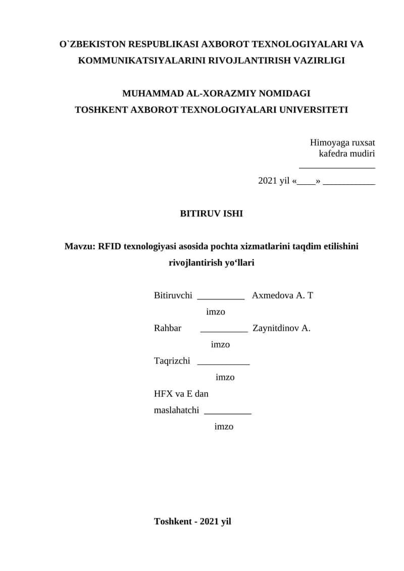 RFID texnologiyasi asosida pochta xizmatlarini taqdim etilishini rivojlantirish yo‘llari